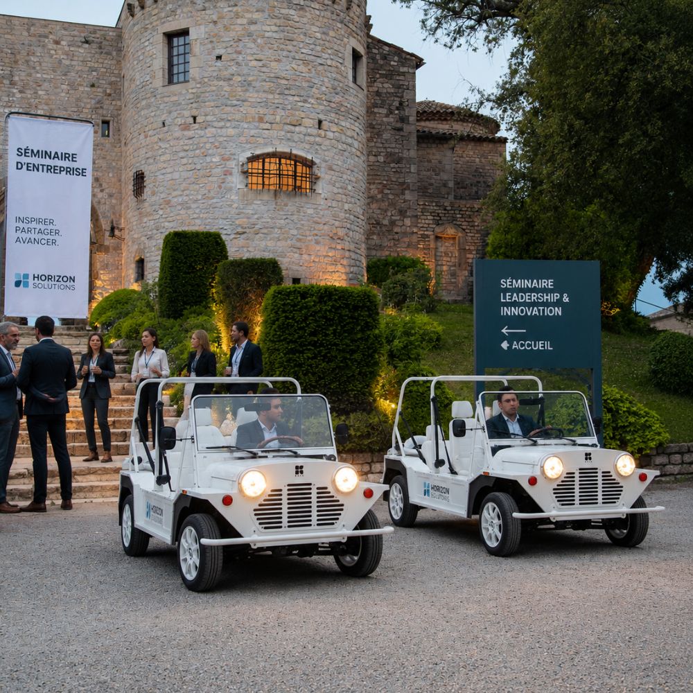 Séminaire d'entreprise en Mini Moke devant un château